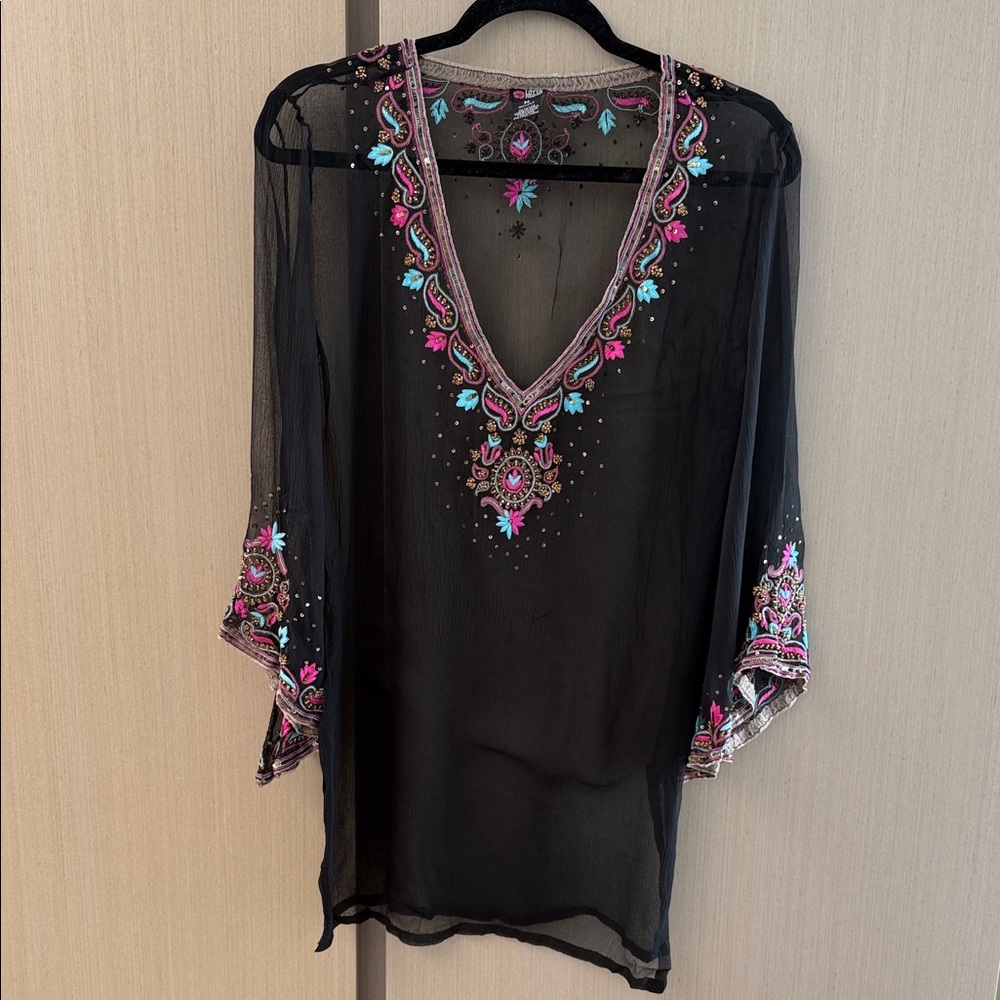Chic Black Sheer Tunic with Embroidery
